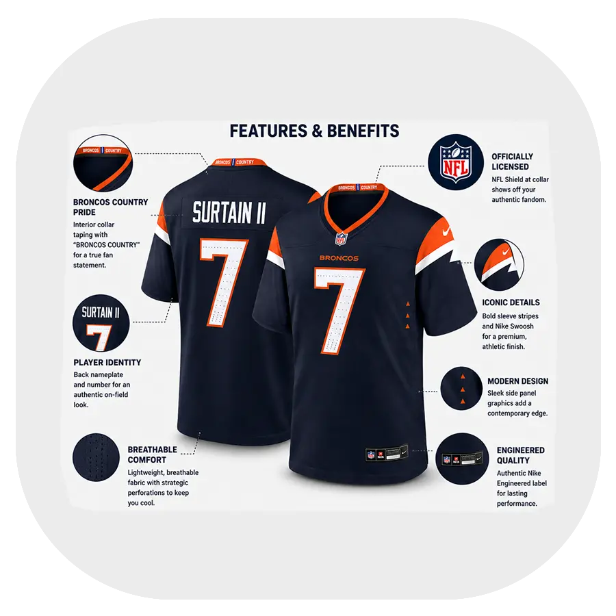 John Elway Broncos Game Navy Jersey - Details