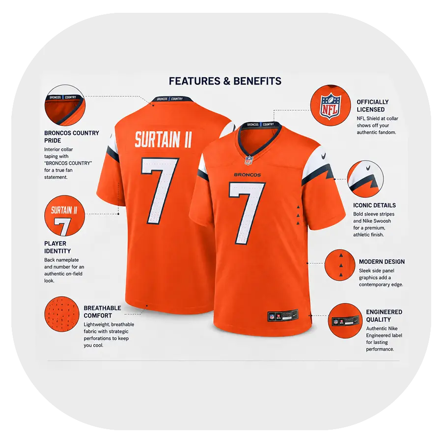 John Elway Orange Broncos Fan Game Jersey - Details
