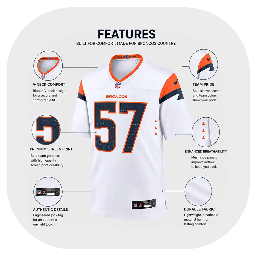 Tom Jackson Broncos Team White Game Jersey - Details
