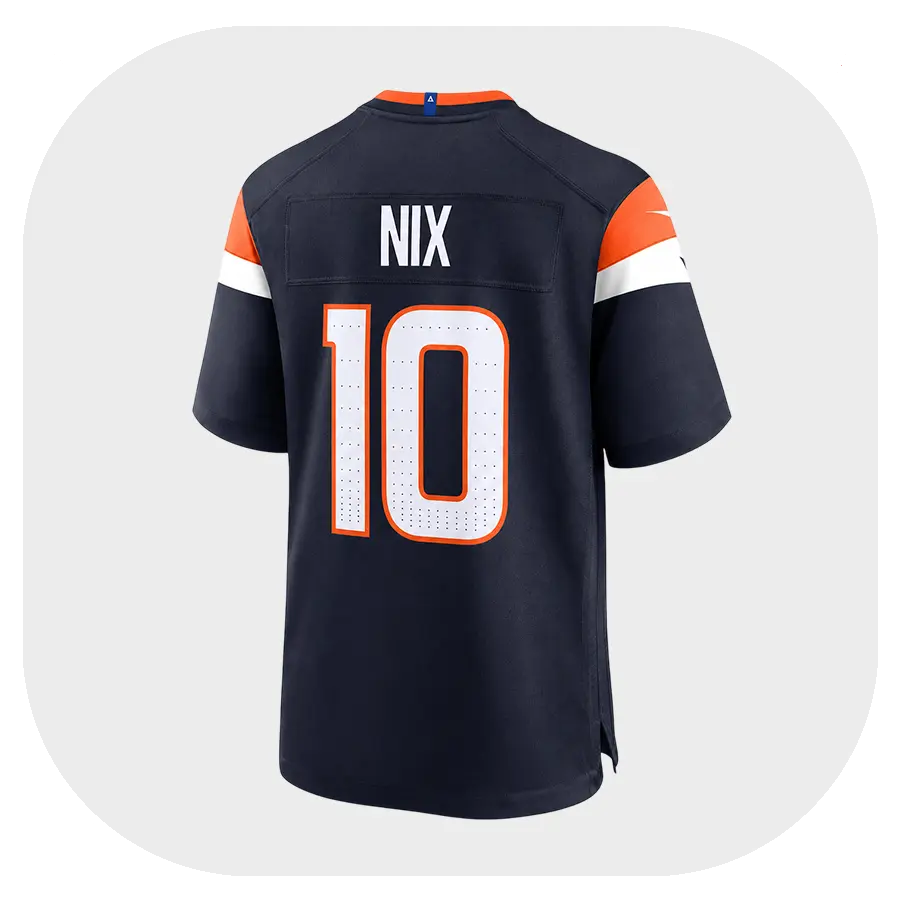 Bo Nix Broncos Navy Game Jersey - Back Look Bo Nix Broncos Navy Game Jersey Back Look