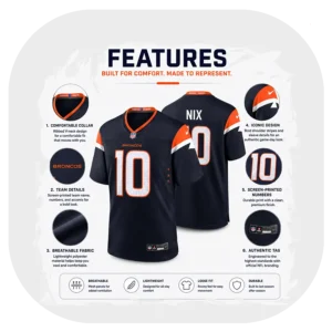 Bo Nix Broncos Navy Game Jersey Details
