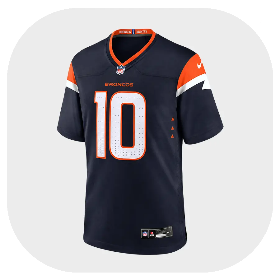 Bo Nix Broncos Navy Game Jersey - Front Look Bo Nix Broncos Navy Game Jersey Front Look