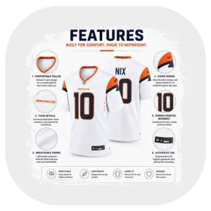Bo Nix Broncos White Game Jersey Details
