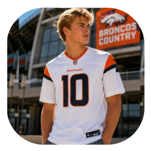 Bo Nix Broncos White Game Jersey Look