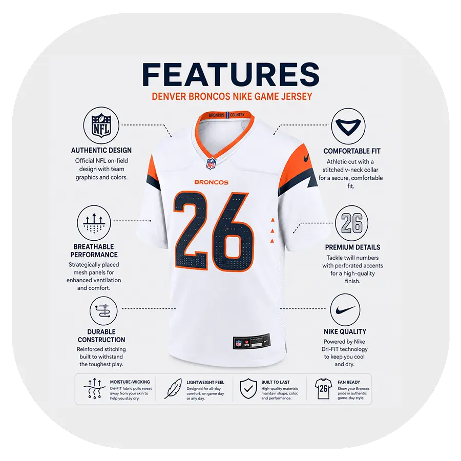 Clinton Portis Broncos White Fan Game Jersey - Details
