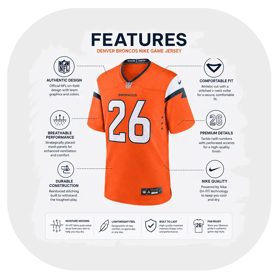 Clinton Portis Orange Broncos Game Jersey - Details