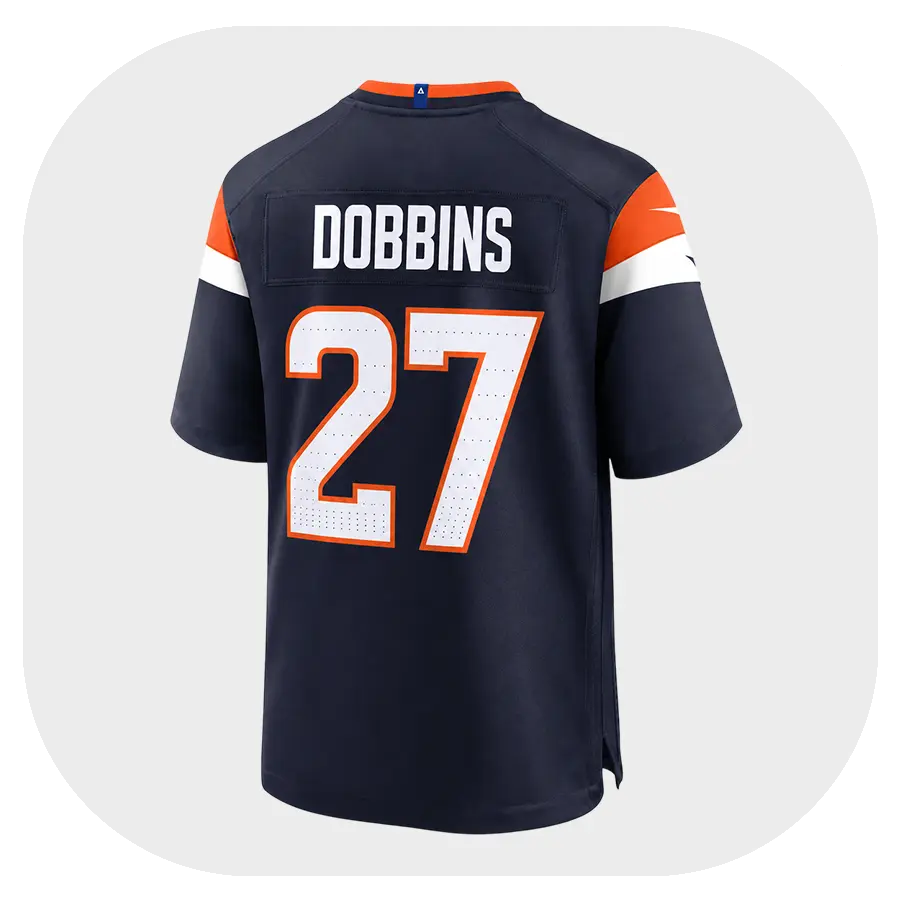 J.K. Dobbins Broncos Navy Game Jersey - Back Look