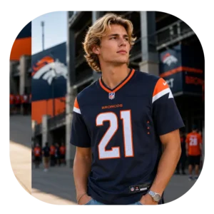 Riley Moss Broncos Game Navy Jersey Look