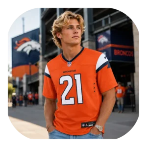 Riley Moss Broncos Orange Game Jersey Look