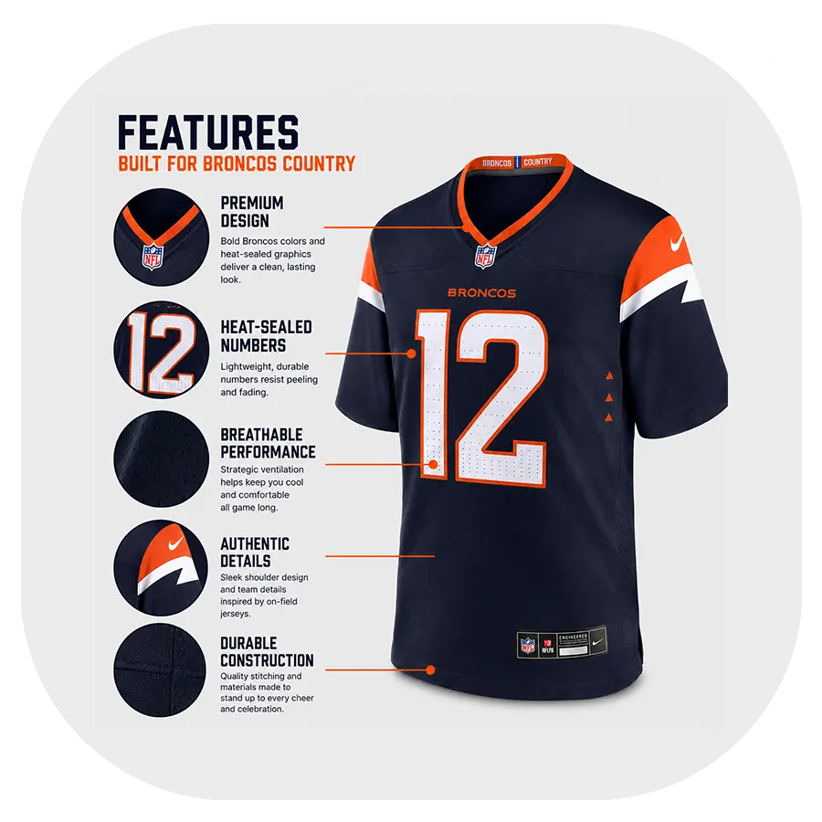 Rj Harvey Broncos Team Navy Game Jersey - Details