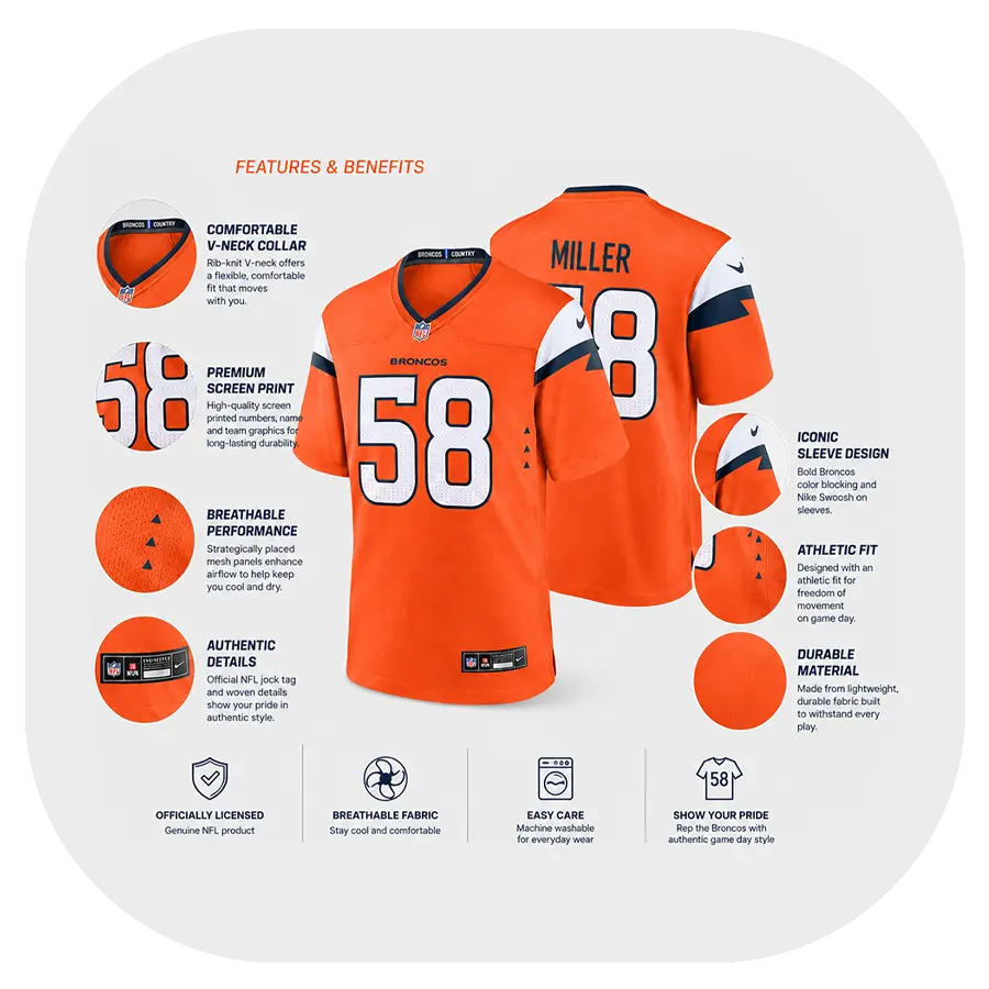 Von Miller Broncos Game Orange Jersey - Details