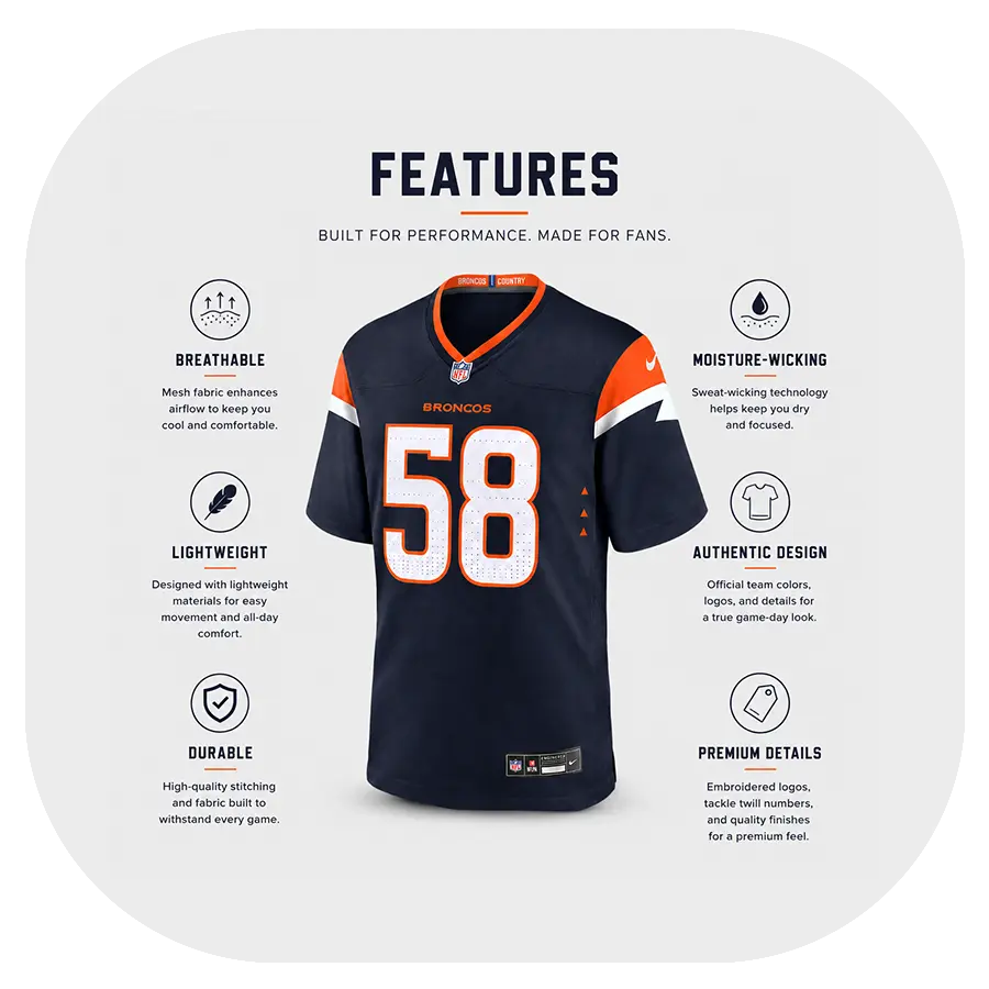 Von Miller Broncos Navy Fan Game Jersey - Details