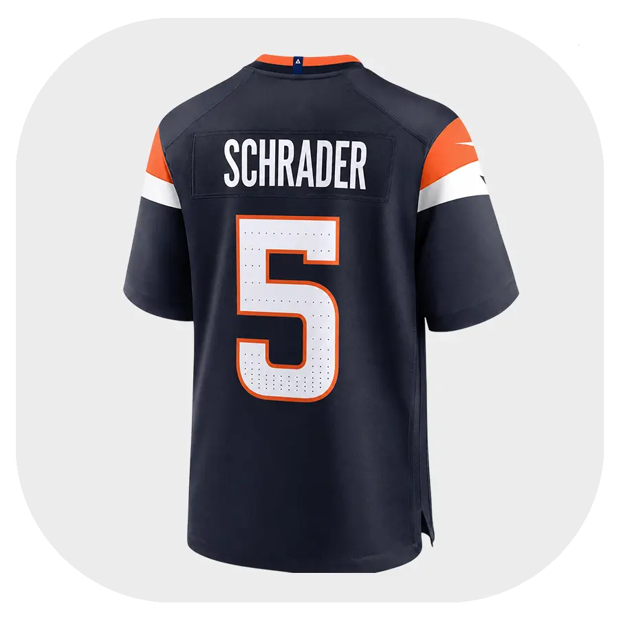 Cody Schrader Broncos Navy Game Jersey - Back Look Cody Schrader Broncos Navy Game Jersey Back Look