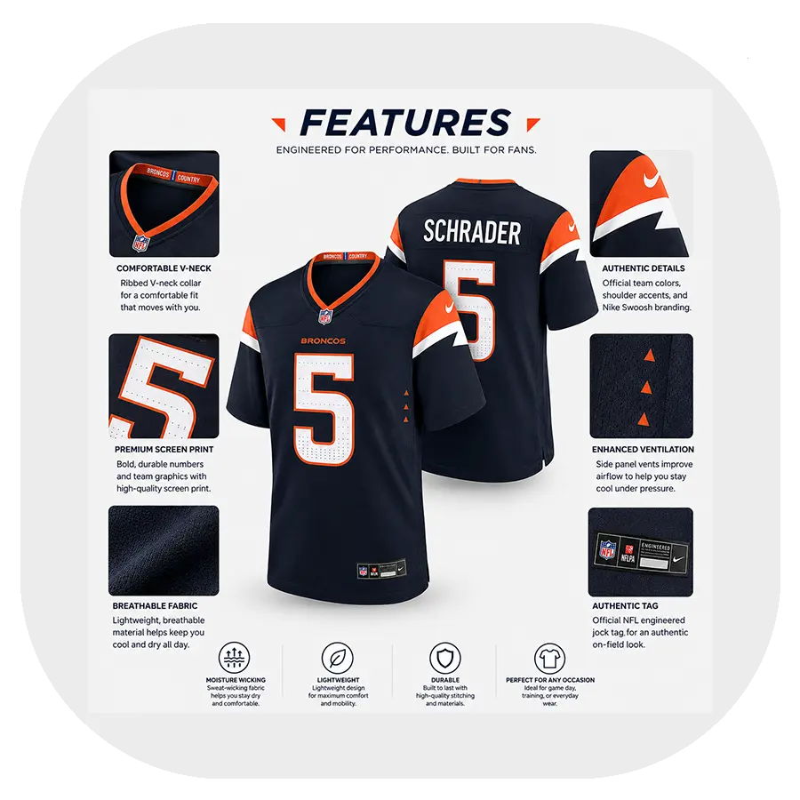 Cody Schrader Broncos Navy Game Jersey - Details Cody Schrader Broncos Navy Game Jersey Details