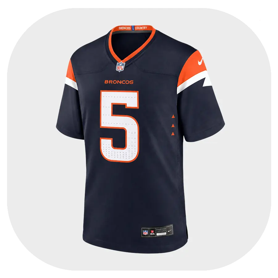 Cody Schrader Broncos Navy Game Jersey - Front Look Cody Schrader Broncos Navy Game Jersey Front Look