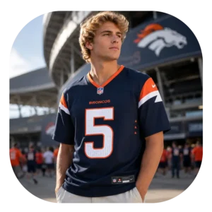 Cody Schrader Broncos Navy Game Jersey Look