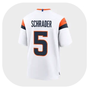 Cody Schrader White Broncos Game Jersey Back Look