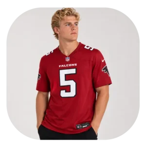 Drake London Falcons Red Game Jersey Look