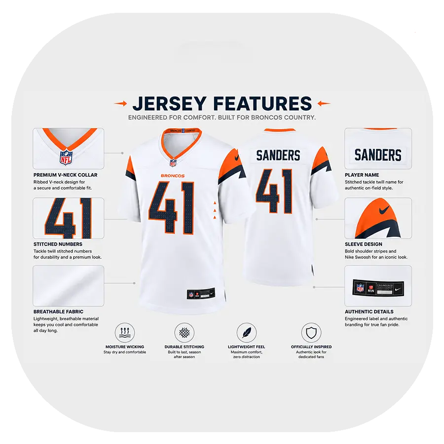 Drew Sanders Broncos Game White Jersey - Details Drew Sanders Broncos Game White Jersey Details