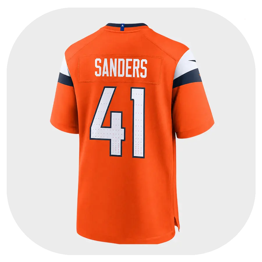 Drew Sanders Broncos Orange Game Jersey - Back Look Drew Sanders Broncos Orange Game Jersey Back Look