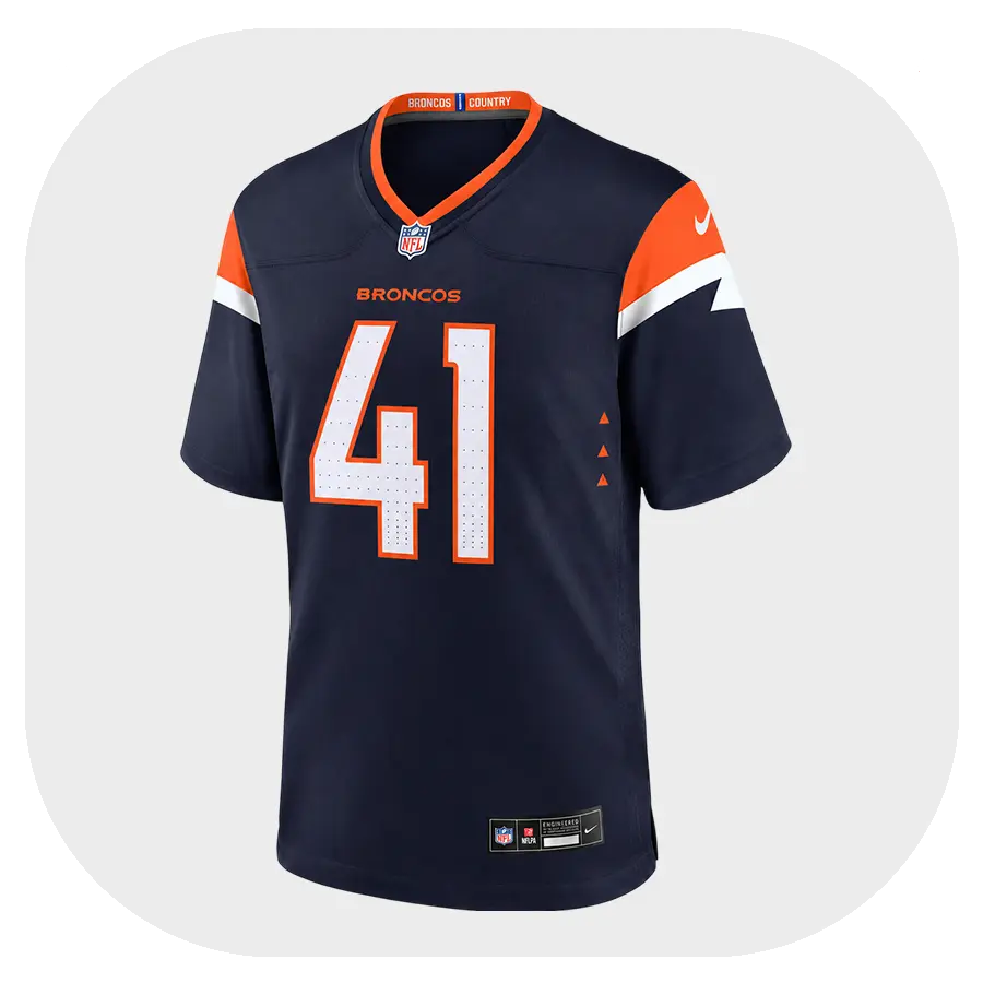 Drew Sanders Navy Broncos Game Jersey - Front Look Drew Sanders Navy Broncos Game Jersey Front Look