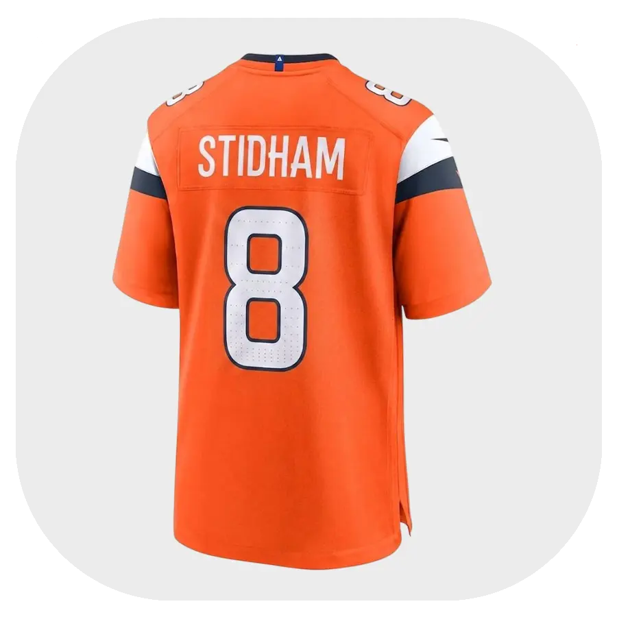 Jarrett Stidham Broncos Orange Game Jersey - Back Look Jarrett Stidham Broncos Orange Game Jersey Back Look