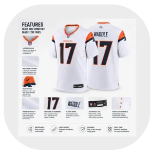 Jaylen Waddle Broncos White Game Jersey Details