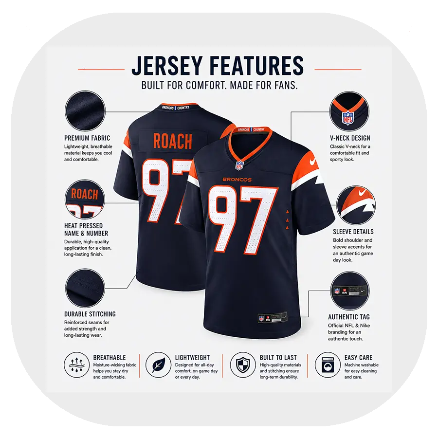 Malcolm Roach Broncos Navy Game Jersey - Details Malcolm Roach Broncos Navy Game Jersey Details
