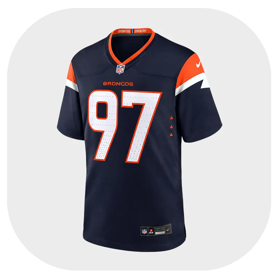 Malcolm Roach Broncos Navy Game Jersey - Front Look Malcolm Roach Broncos Navy Game Jersey Front Look