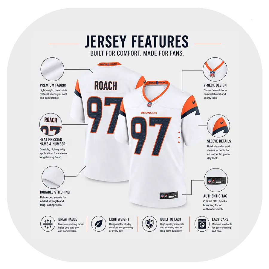 Malcolm Roach White Broncos Game Jersey - Details Malcolm Roach White Broncos Game Jersey Details
