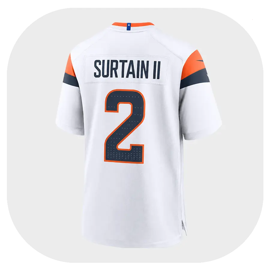Patrick Surtain II Broncos White Game Jersey - Back View Patrick Surtain II Broncos White Game Jersey Back View