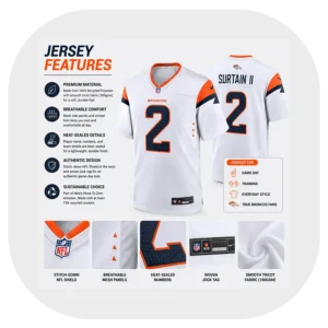 Patrick Surtain II Broncos White Game Jersey Details