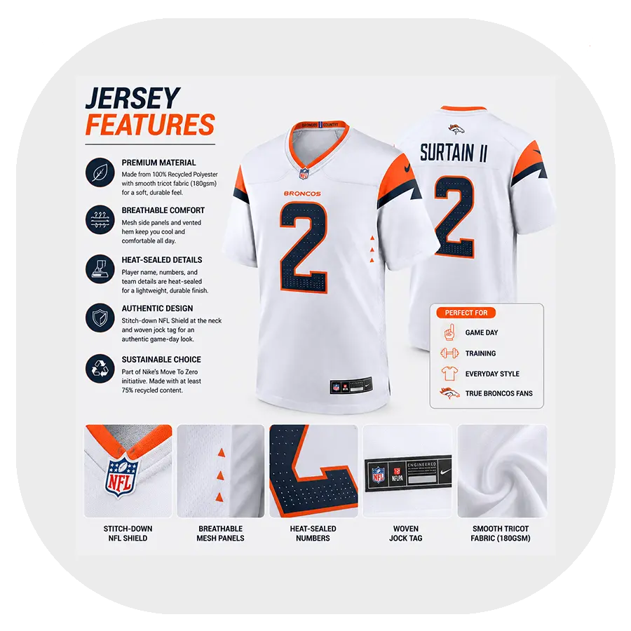 Patrick Surtain II Broncos White Game Jersey - Details Patrick Surtain II Broncos White Game Jersey Details