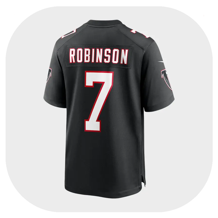Bijan Robinson Falcons Black Game Jersey - Back View Bijan Robinson Falcons Black Game Jersey Back View