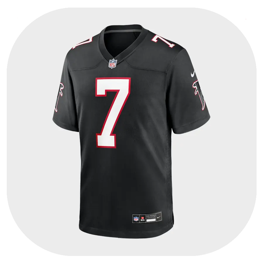 Bijan Robinson Falcons Black Game Jersey - Front View Bijan Robinson Falcons Black Game Jersey Front View