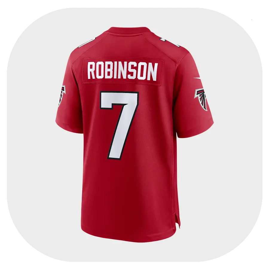 Bijan Robinson Falcons Red Game Jersey - Back View Bijan Robinson Falcons Red Game Jersey Back View