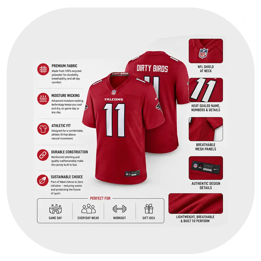 Jalon Walker Falcons Red Game Fan Jersey - Details Jalon Walker Falcons Red Game Fan Jersey Details